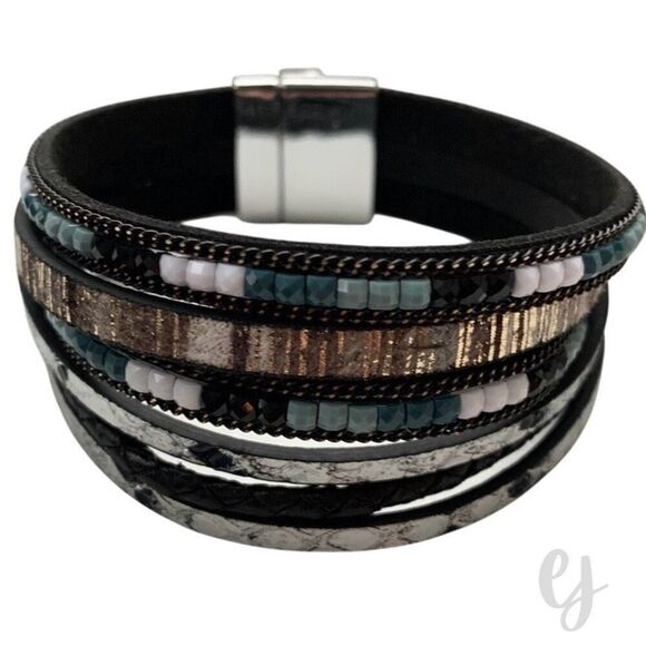 Black & White Multi-Strand Leather Beaded Boho Cuff Bracelet, Magnetic Clasp - Picture 9 of 9
